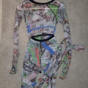 Sexy Graffiti Print Sheer Two Piece Legging Set Sz S